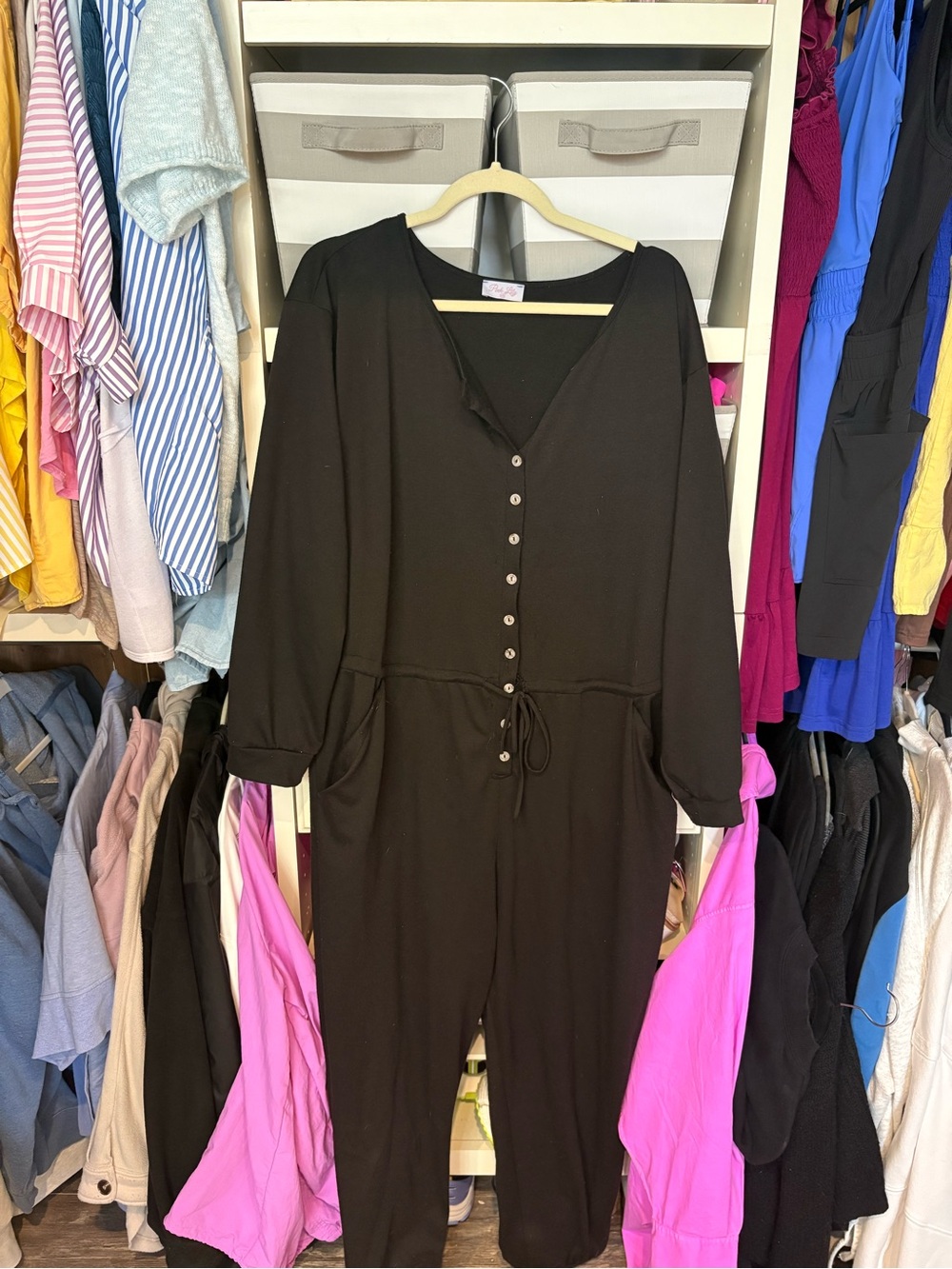 Pink Lily Black Long-Sleeve Button-Front Drawstring Jumpsuit